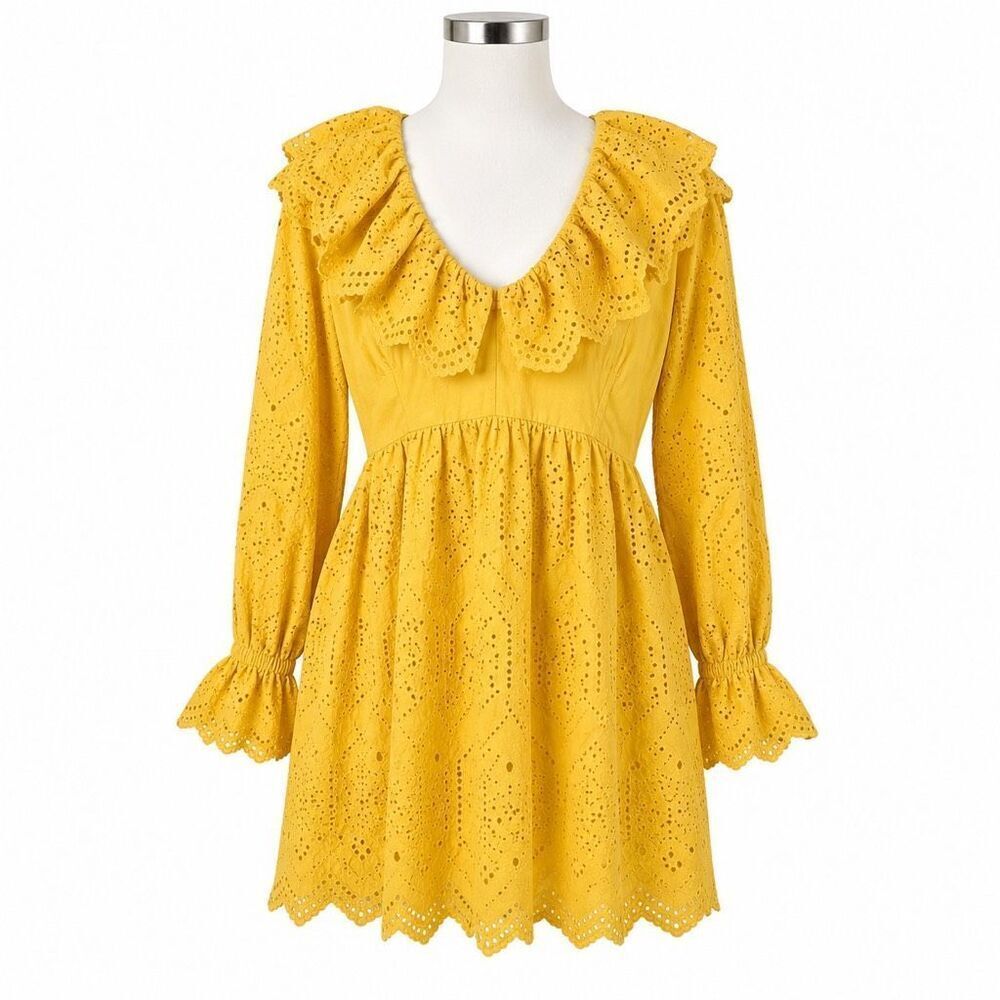 Topshop Eyelet Ruffle Mini Dress Yellow Boho Romantic Cottagecore 4